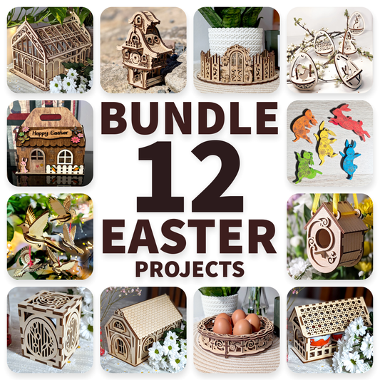 Collage of Easter-themed laser cut wooden projects with text 'Bundle 12 Easter Projects'.