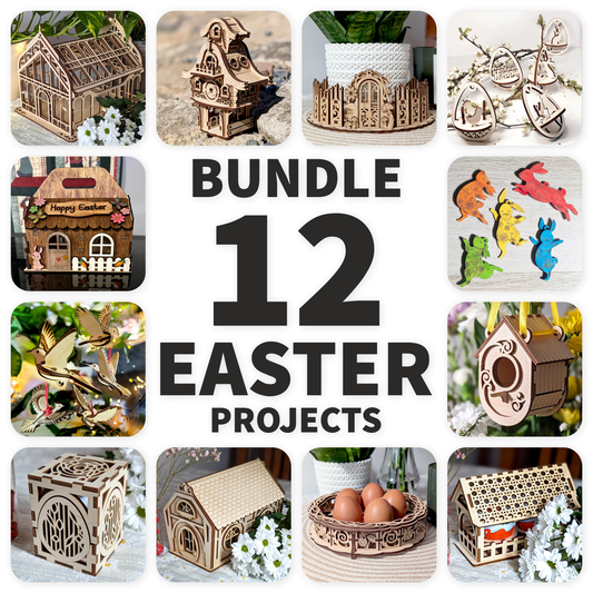 Collage of Easter-themed laser cut projects with text 'Bundle 12 Easter Projects'.