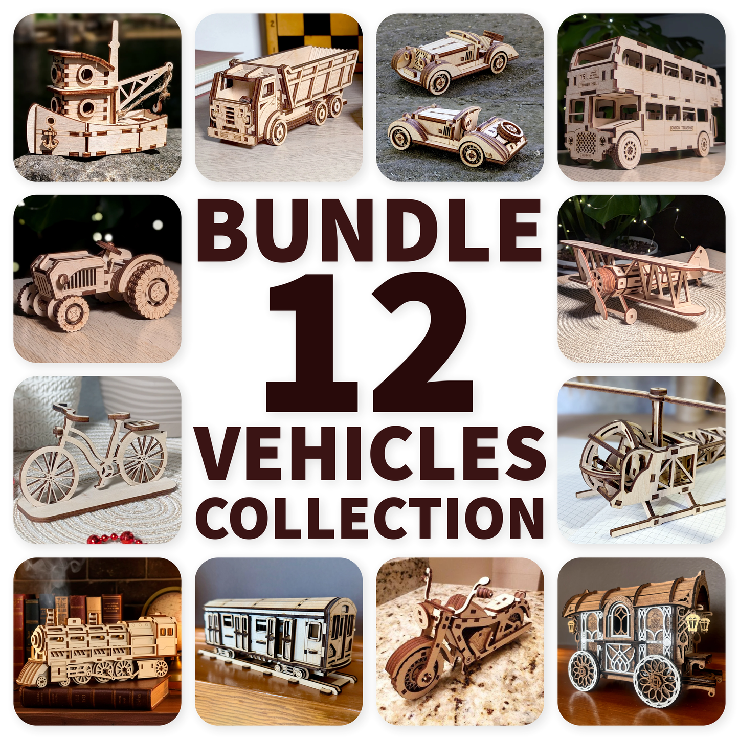 Collage of wooden vehicle models with text 'Bundle 12 Vehicles Collection' in the center.