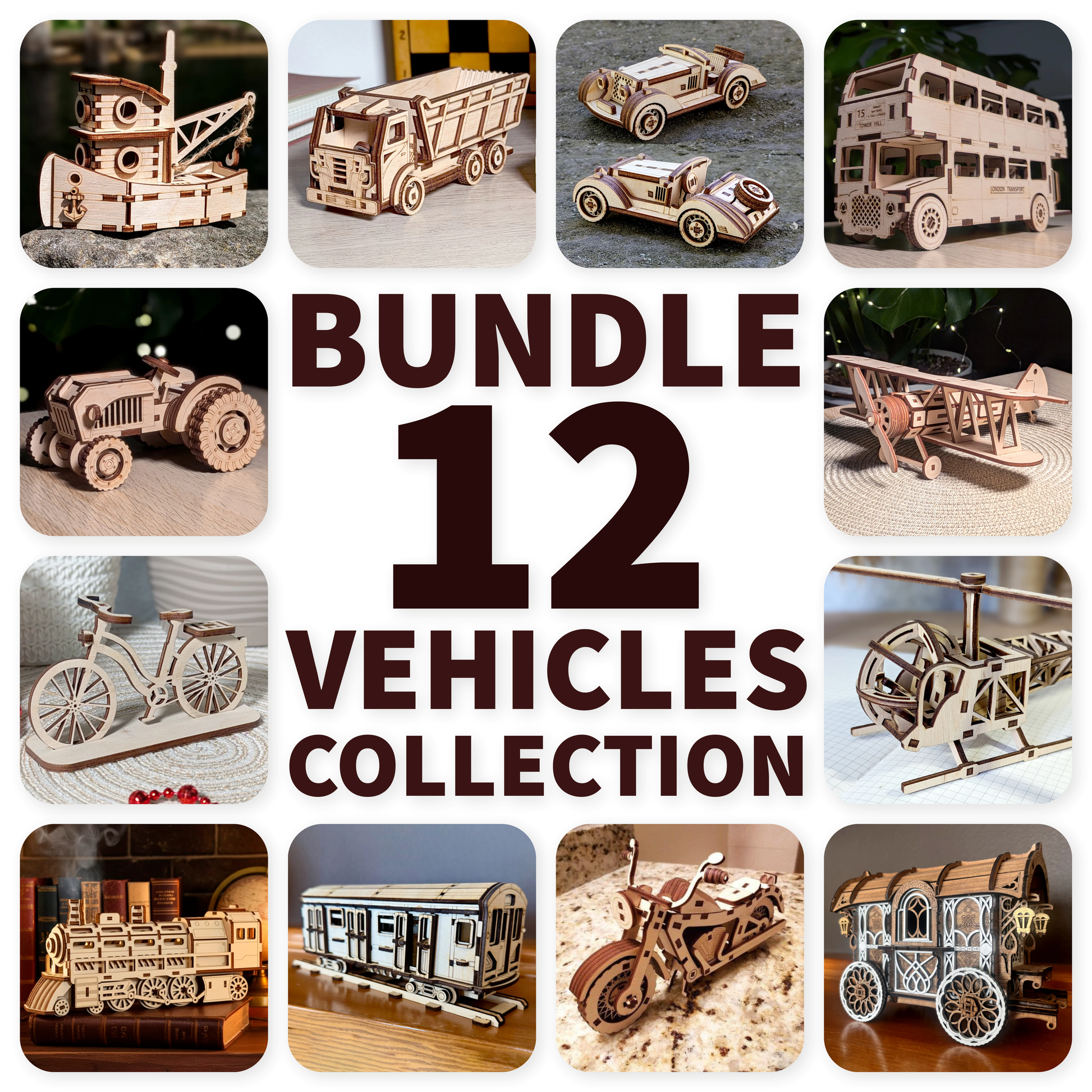 Collage of wooden vehicle models with text 'Bundle 12 Vehicles Collection' in the center.