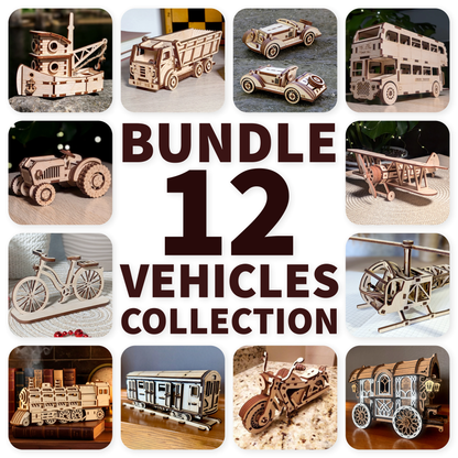 Collage of wooden vehicle models with text 'Bundle 12 Vehicles Collection' in the center.