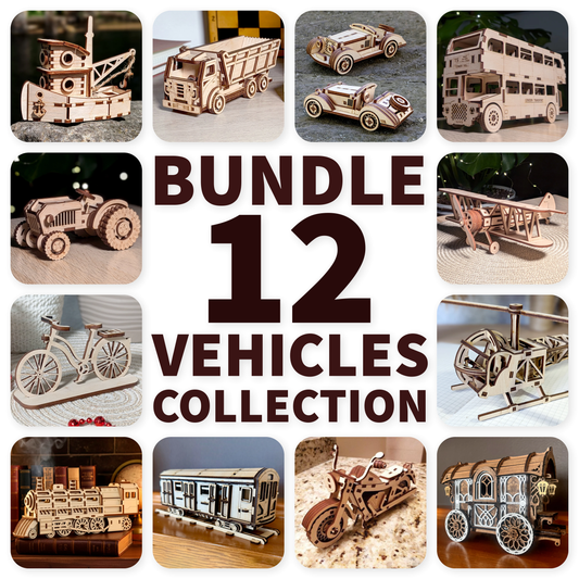 Collage of wooden vehicle models with text 'Bundle 12 Vehicles Collection' in the center.