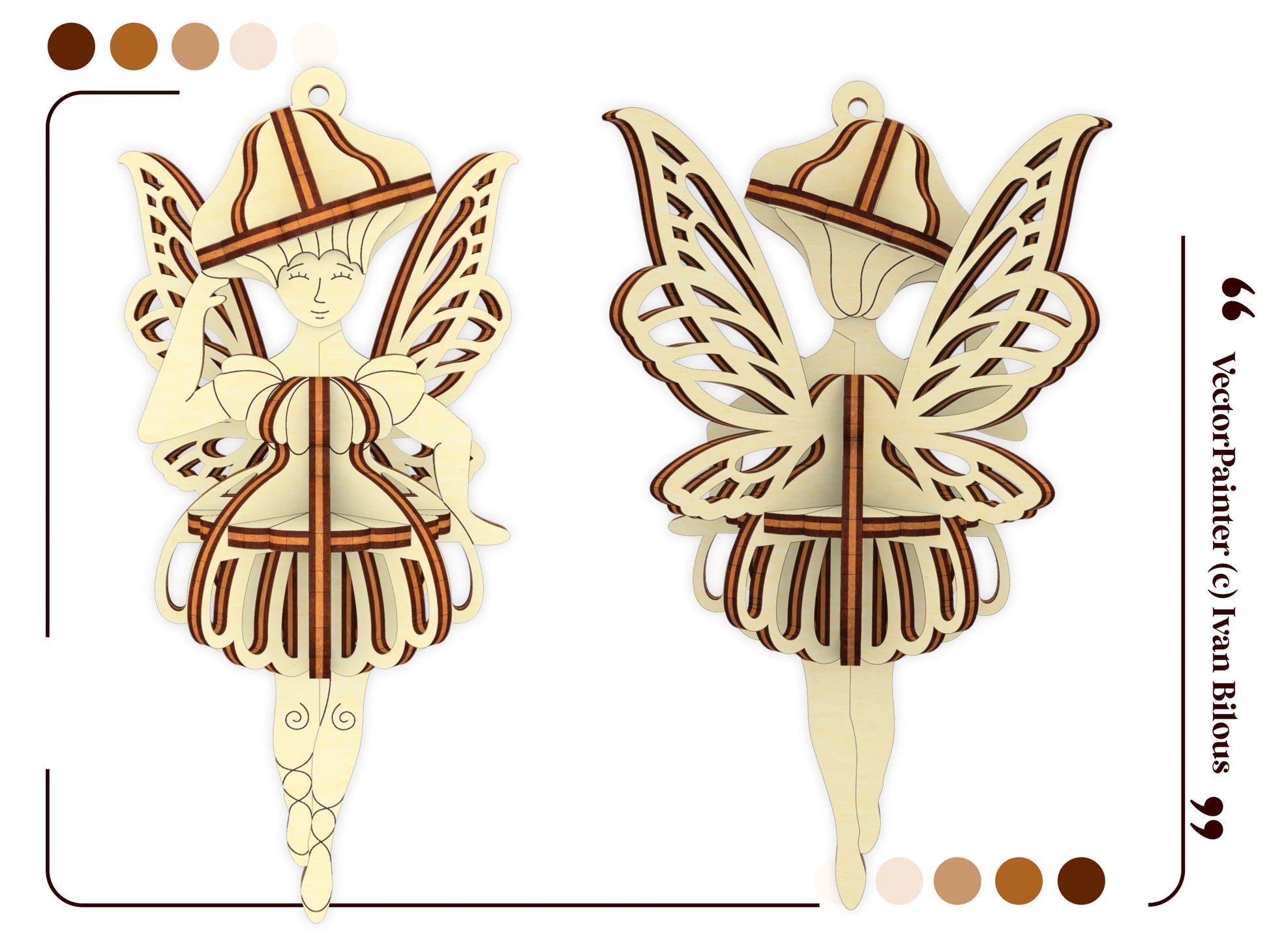 Front and back digital view of a detailed laser cut plywood fairy ornament.