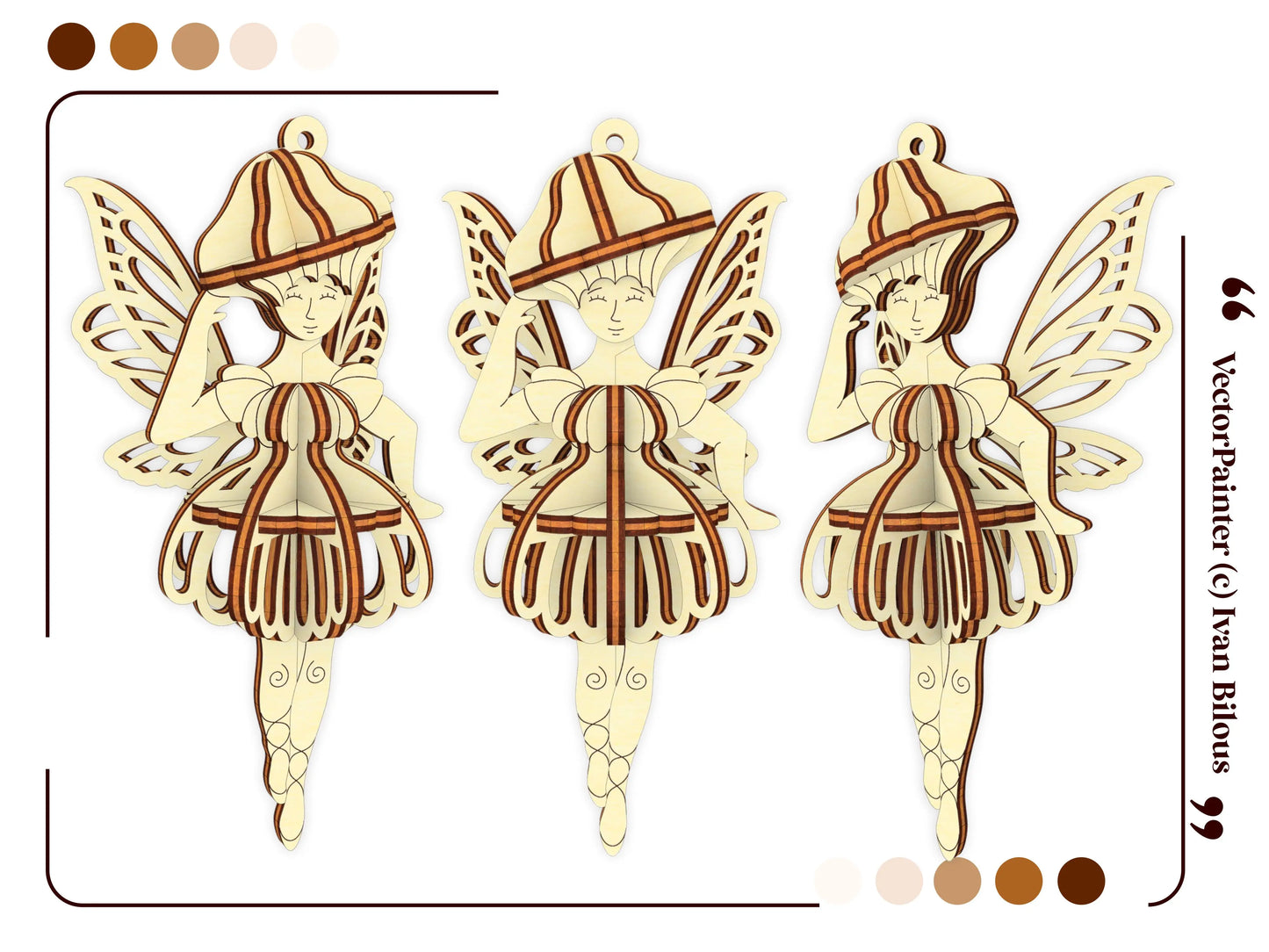 Digital preview of three assembled laser cut plywood fairies in different poses.