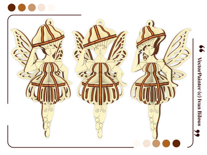 Digital preview of three assembled laser cut plywood fairies in different poses.