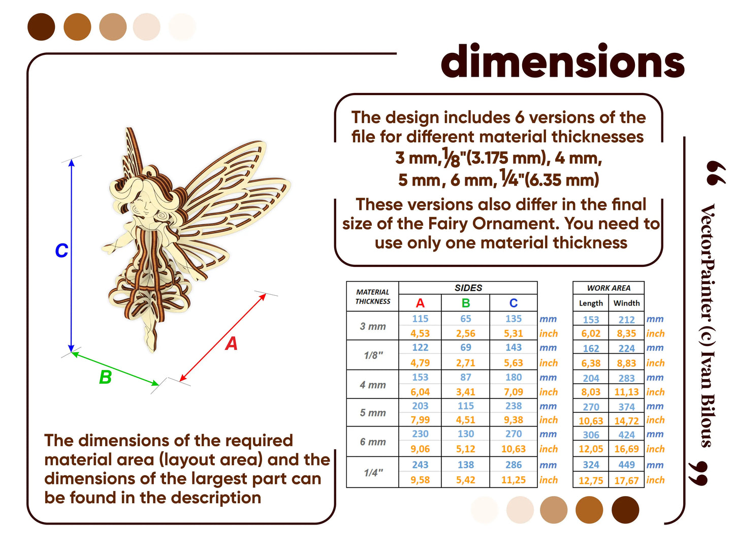 Dimensions chart for laser cut plywood fairy ornament. Shows material thickness options from 3mm to 6mm for various sizes