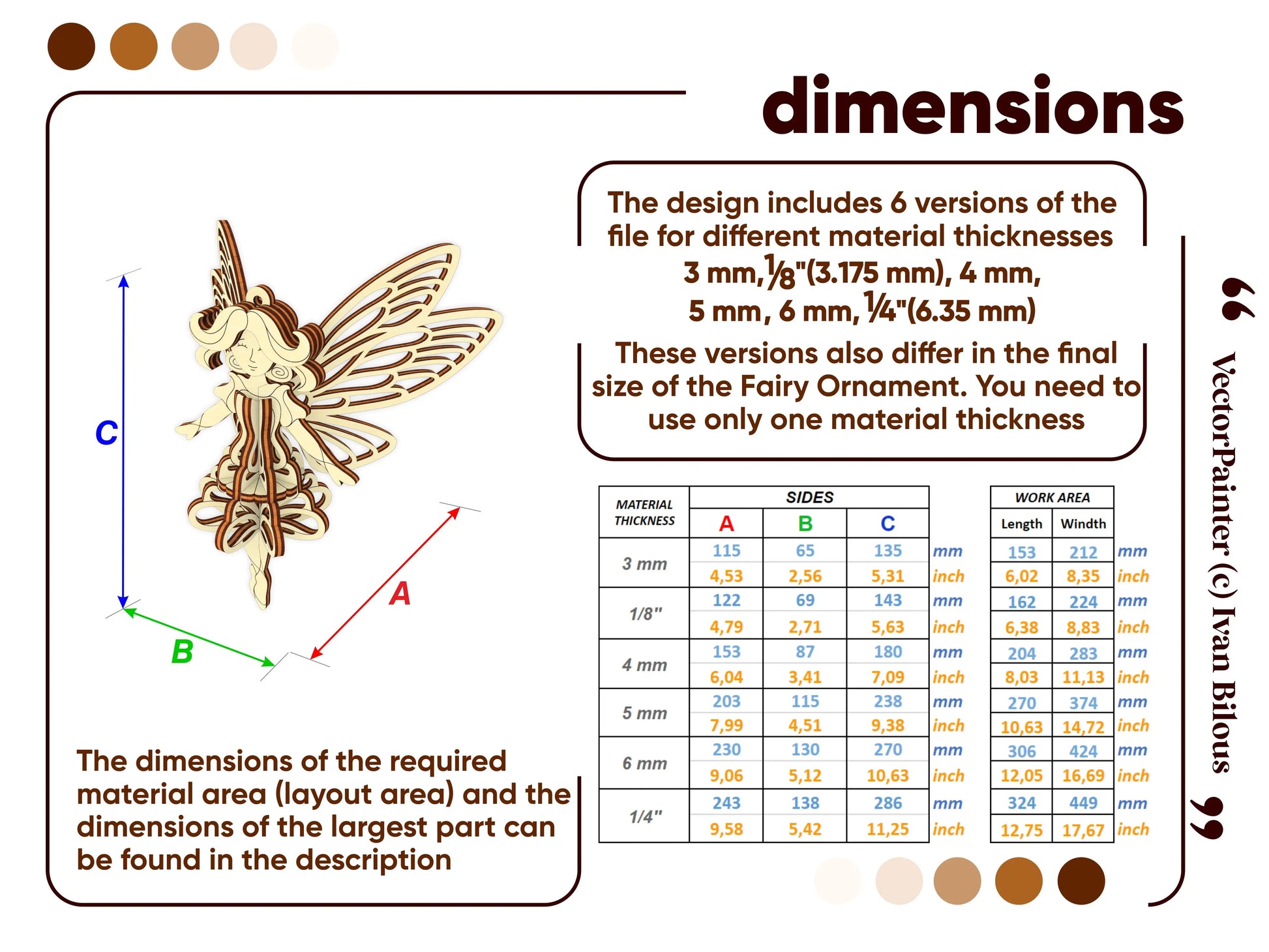 Dimensions chart for laser cut plywood fairy ornament. Shows material thickness options from 3mm to 6mm for various sizes