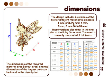 Dimensions chart for laser cut plywood fairy ornament. Shows material thickness options from 3mm to 6mm for various sizes