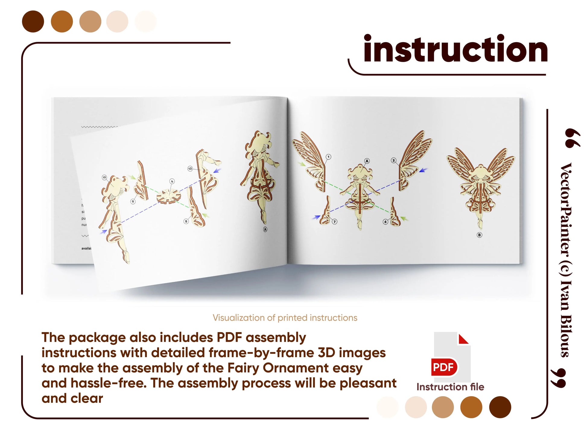 Detailed PDF assembly guide for laser cut plywood fairy ornament, featuring clear 3D images for easy step-by-step building
