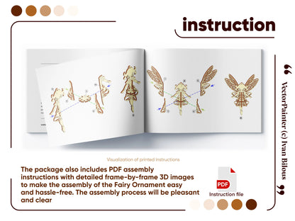 Detailed PDF assembly guide for laser cut plywood fairy ornament, featuring clear 3D images for easy step-by-step building