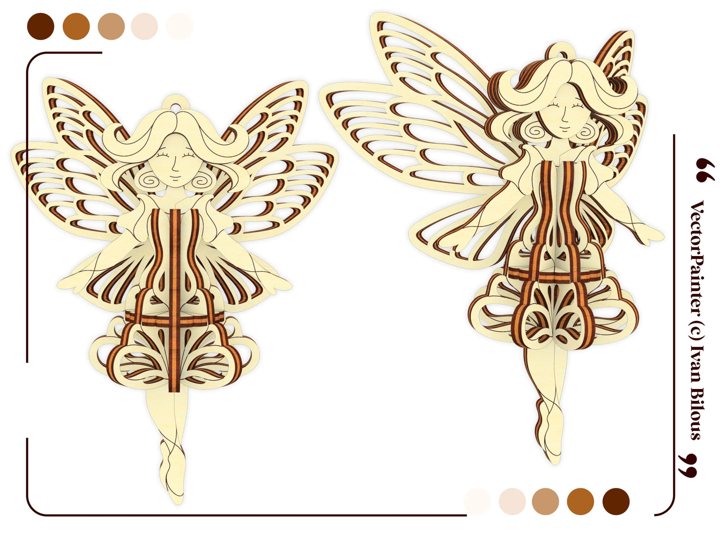 Side-by-side view of a 3D laser cut plywood fairy ornament design highlighting its structural layers and wing detailing.