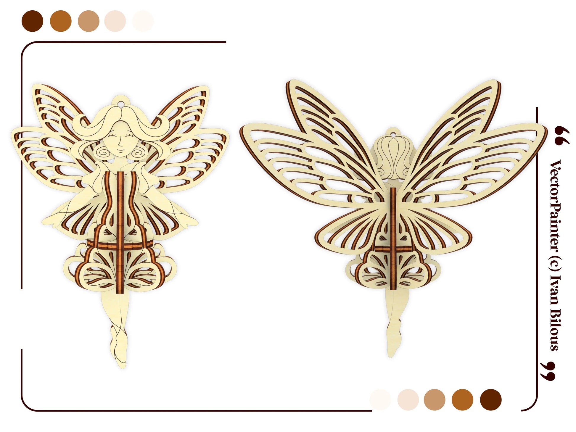 Technical side-by-side view infographic of a 3D laser cut plywood fairy ornament design showing front and back profiles.