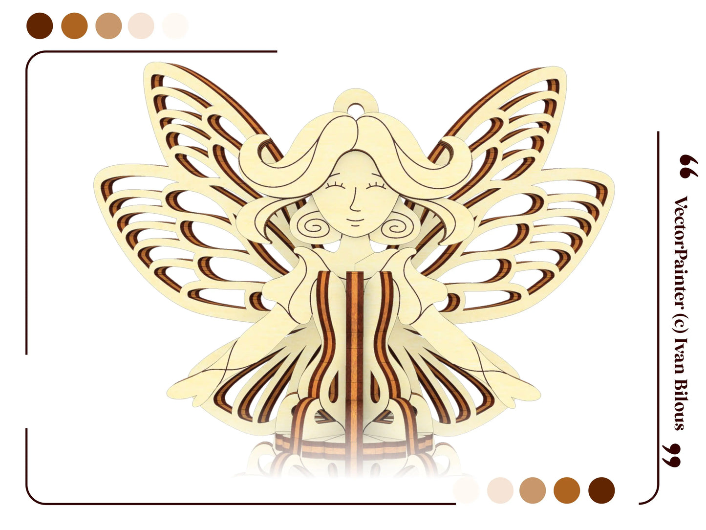 Front-facing view of a 3D laser cut plywood fairy ornament featuring delicate butterfly wings and graceful flowing dress.