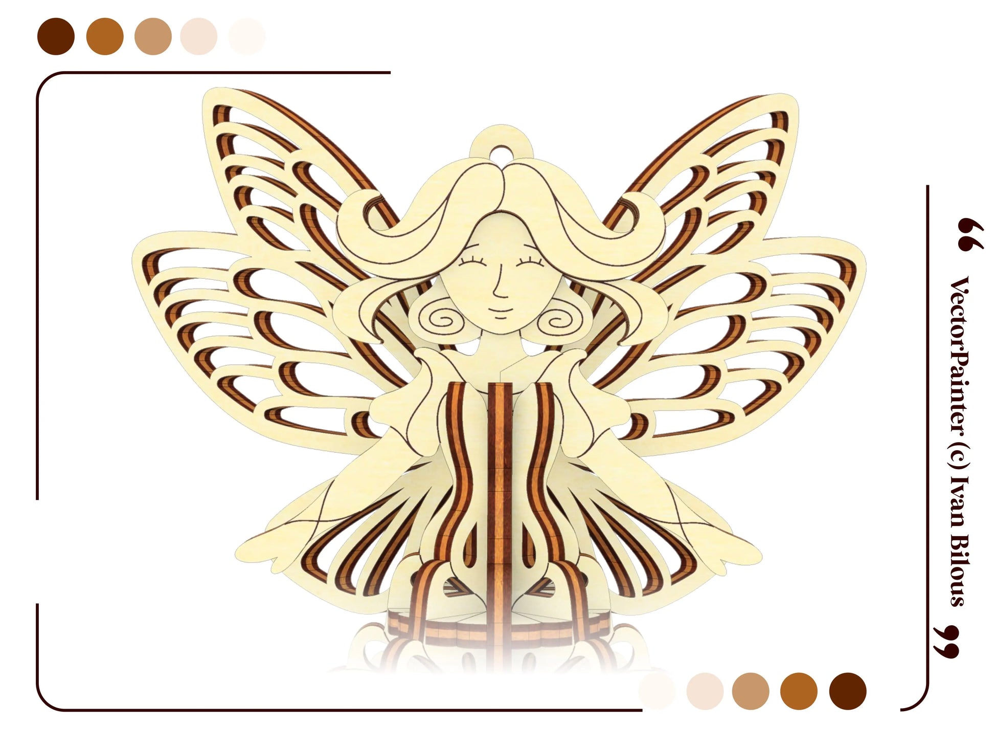 Front-facing view of a 3D laser cut plywood fairy ornament featuring delicate butterfly wings and graceful flowing dress.