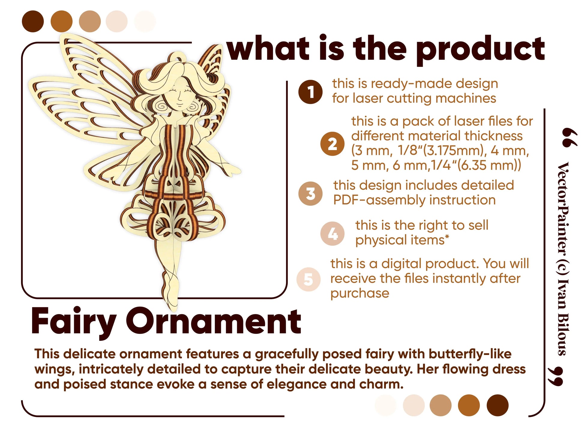Elegant fairy ornament design for laser cut plywood. This digital product includes assembly instructions and commercial rights."