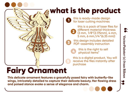 Elegant fairy ornament design for laser cut plywood. This digital product includes assembly instructions and commercial rights."