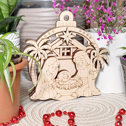 Laser cut Nativity Scene ornament with Holy Family in barn