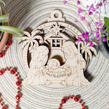 Christmas ornament SVG featuring Baby Jesus, Mary, and Joseph