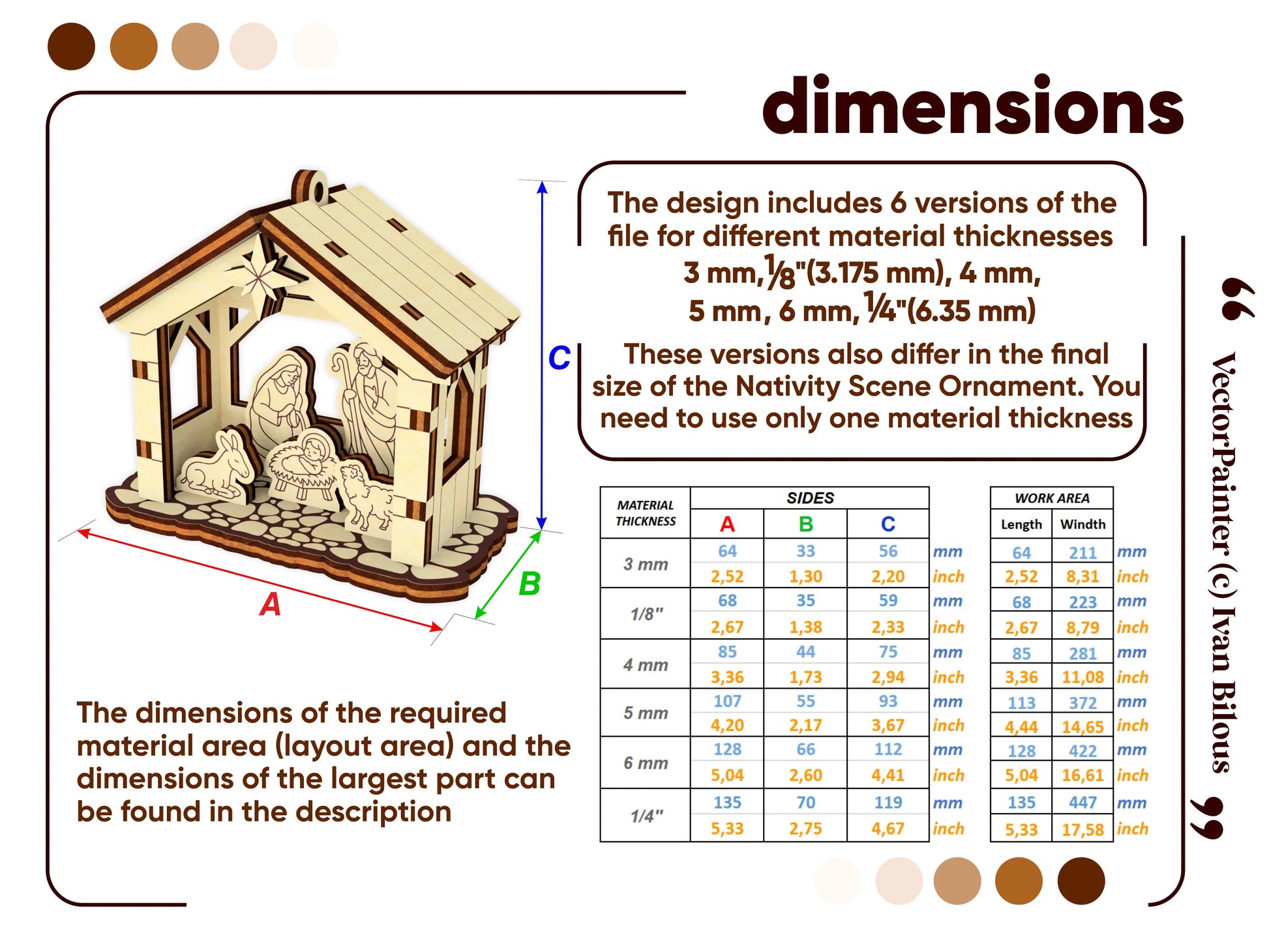 Dimensions and material thickness guide blueprint chart with a comprehensive size database table for laser cut plywood