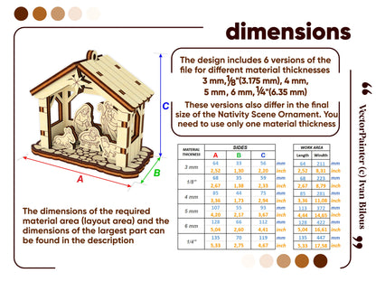 Dimensions and material thickness guide blueprint chart with a comprehensive size database table for laser cut plywood