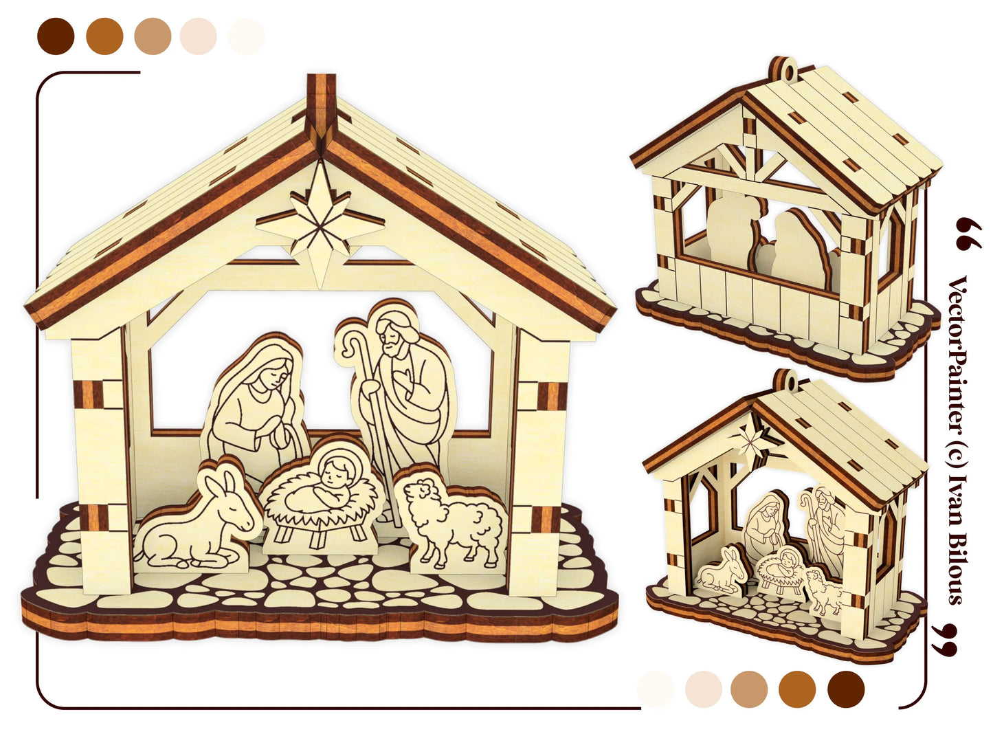 Three multi-angle orthogonal perspective 3D digital model views displaying a nativity stable scene in laser cut plywood