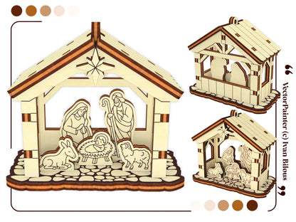 Three multi-angle orthogonal perspective 3D digital model views displaying a nativity stable scene in laser cut plywood