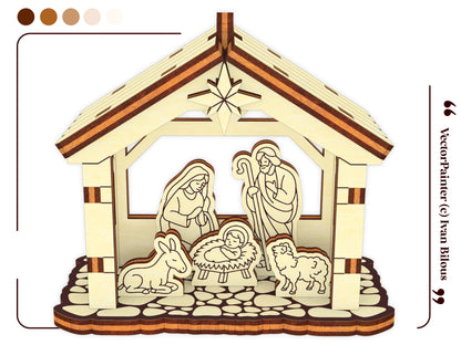 A clean straight front elevation vector template layout of a beautiful Christmas nativity scene from laser cut plywood