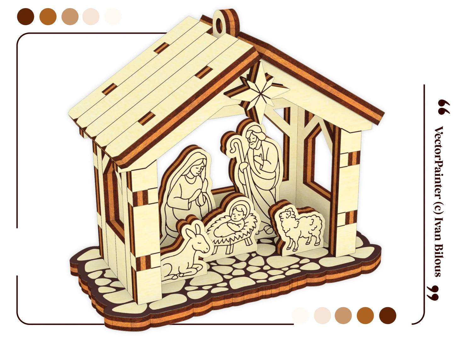 Detailed 3D vector model template graphic showcasing a vintage Christmas nativity scene ornament for laser cut plywood