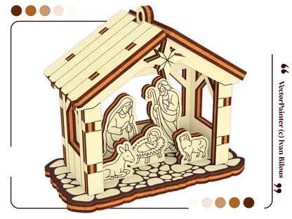 Detailed 3D vector model template graphic showcasing a vintage Christmas nativity scene ornament for laser cut plywood