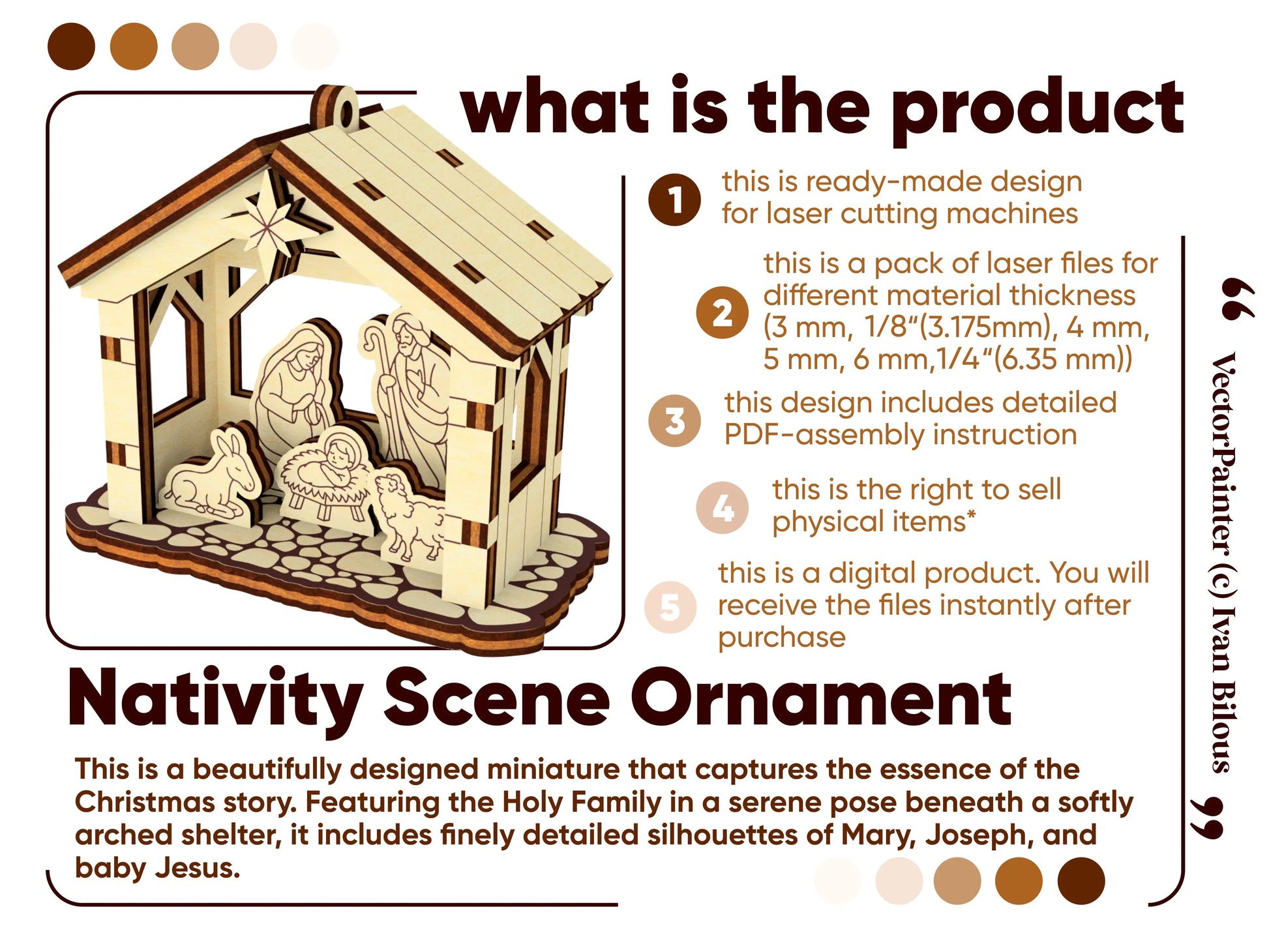 Product features checklist item overview digital infographic presentation for a nativity ornament file in laser cut plywood