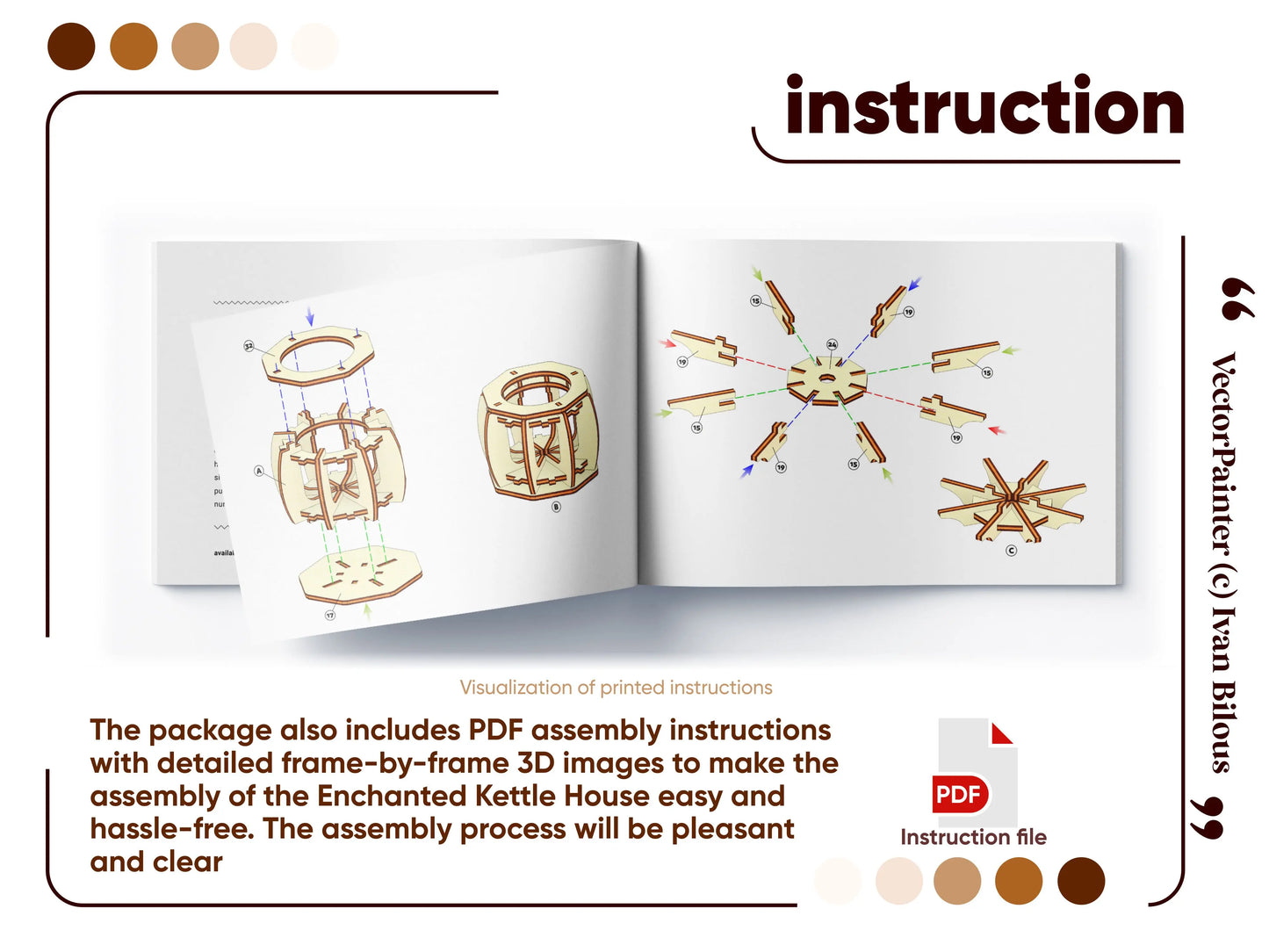 Comprehensive assembly instruction manual guide preview showing clear 3D exploded building layouts for laser cut plywood