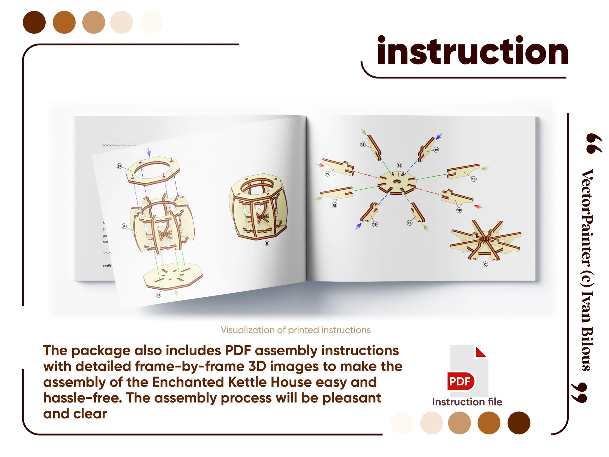 Comprehensive assembly instruction manual guide preview showing clear 3D exploded building layouts for laser cut plywood