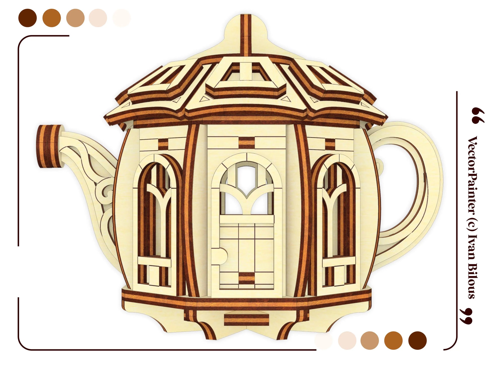 A perfect straight front elevation vector template graphic showcasing a beautiful fairytale teapot house, laser cut plywood