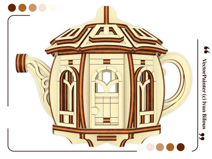 A perfect straight front elevation vector template graphic showcasing a beautiful fairytale teapot house, laser cut plywood