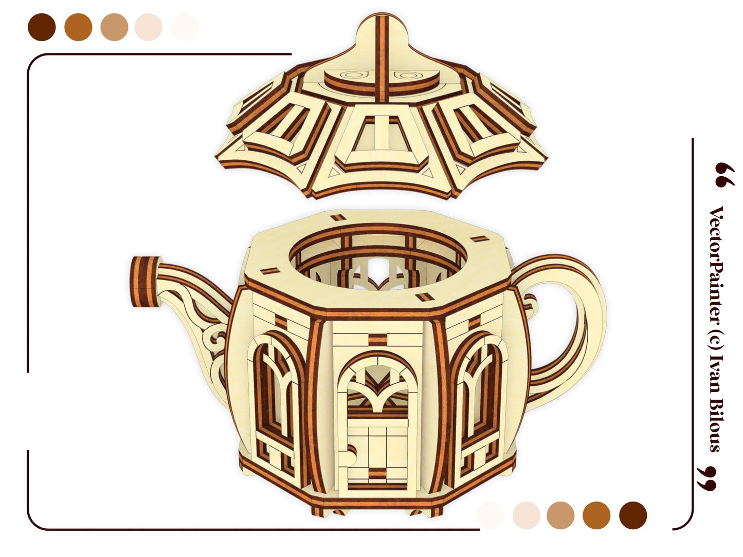 A detailed vector template view of a fairytale teapot house with its lid floating directly above it, in laser cut plywood