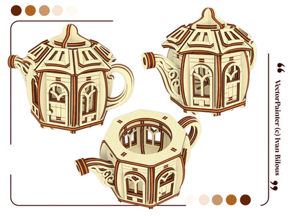 Three separate multi-angle perspective digital template views of a fairytale teapot house model made from laser cut plywood