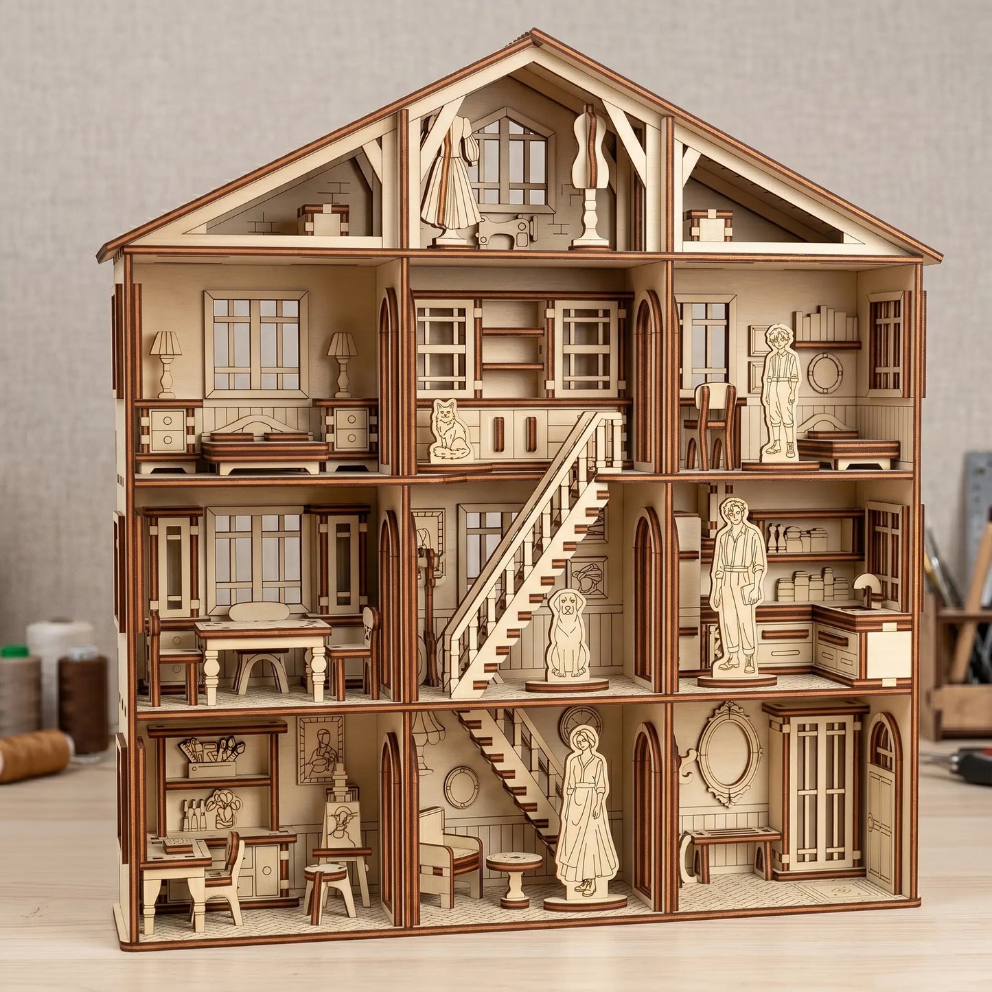 Wooden dollhouse with detailed interior and furniture on a neutral background