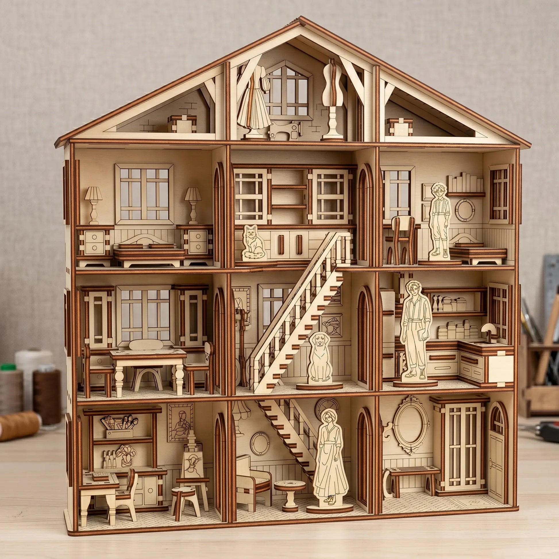 Wooden dollhouse with detailed interior and furniture on a neutral background