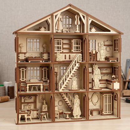 Wooden dollhouse with detailed interior and furniture on a neutral background