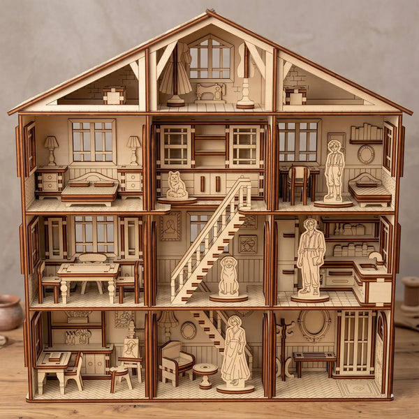 Wooden dollhouse laser cut model with detailed interior and furniture on a neutral background