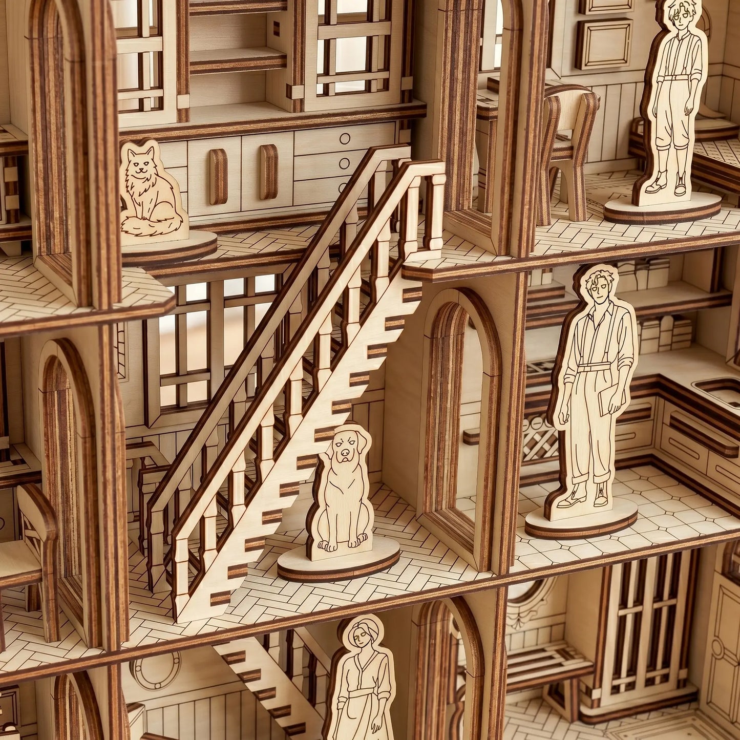Wooden dollhouse with detailed interior and laser-cut figures.