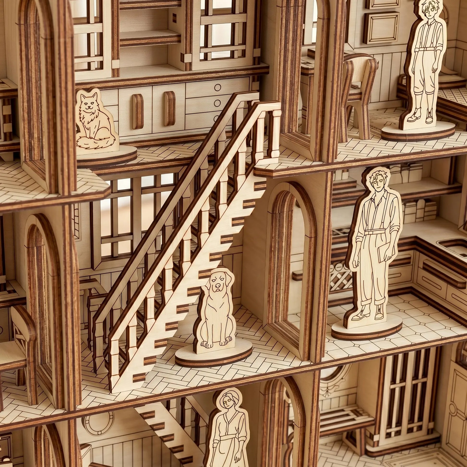 Wooden dollhouse with detailed interior and laser-cut figures.