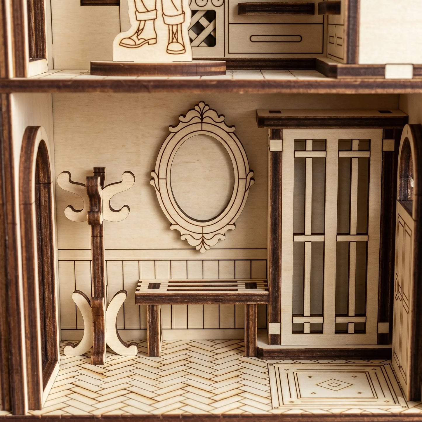 Wooden model of a room with furniture and decor