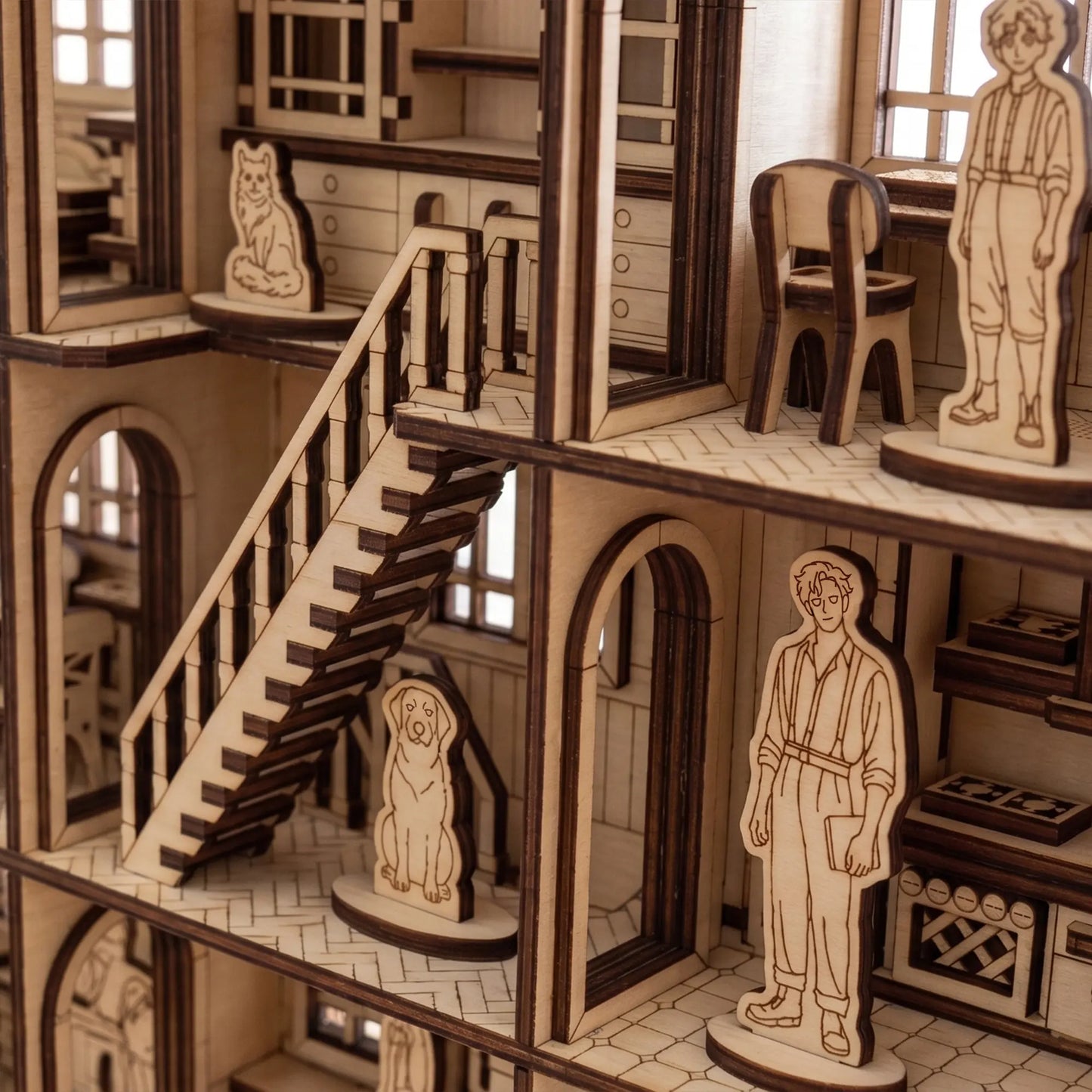 Wooden dollhouse with laser-cut furniture and figures