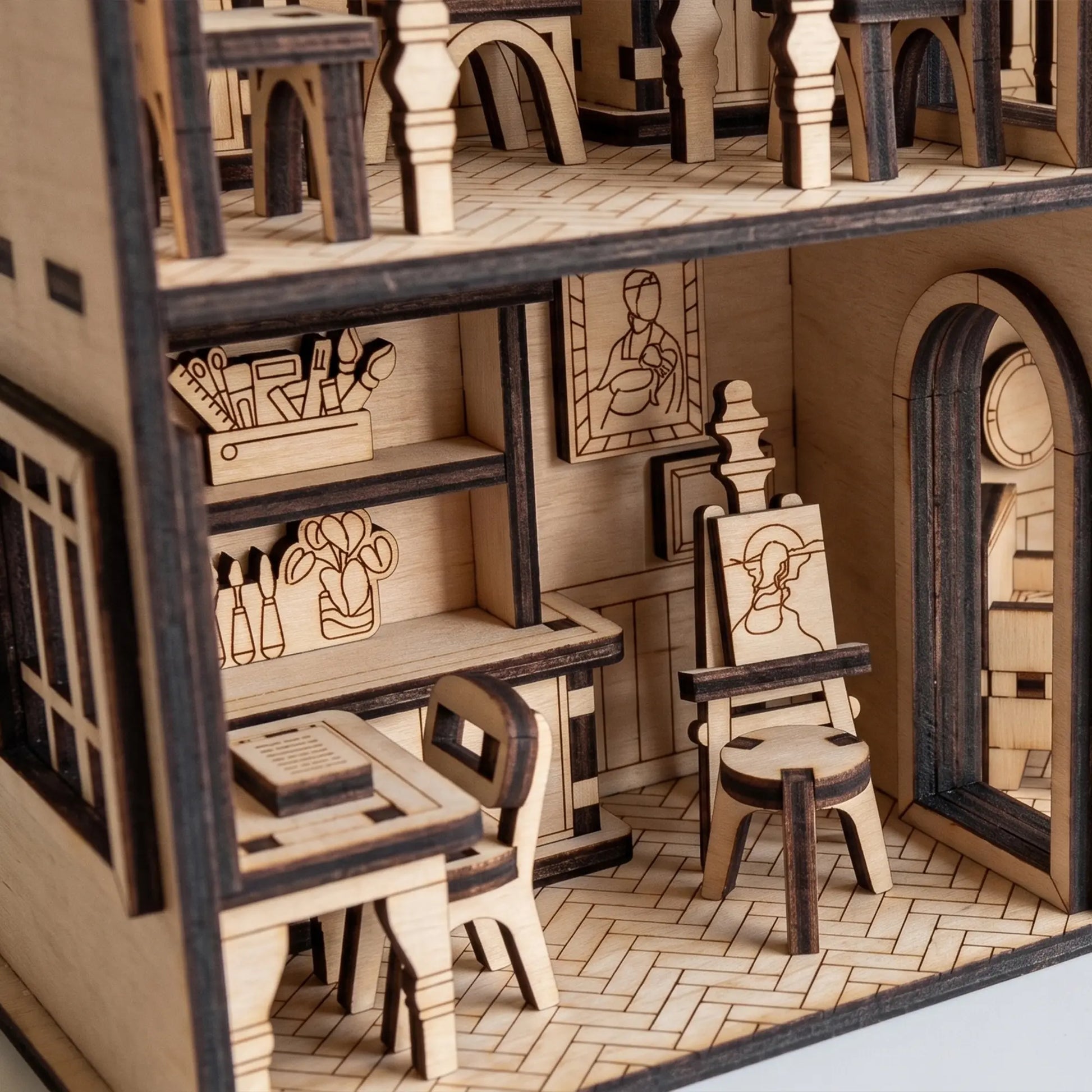 Wooden dollhouse with laser-cut furniture and decorations