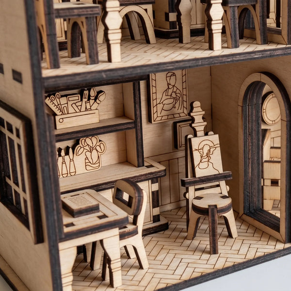 Wooden dollhouse with laser-cut furniture and decorations
