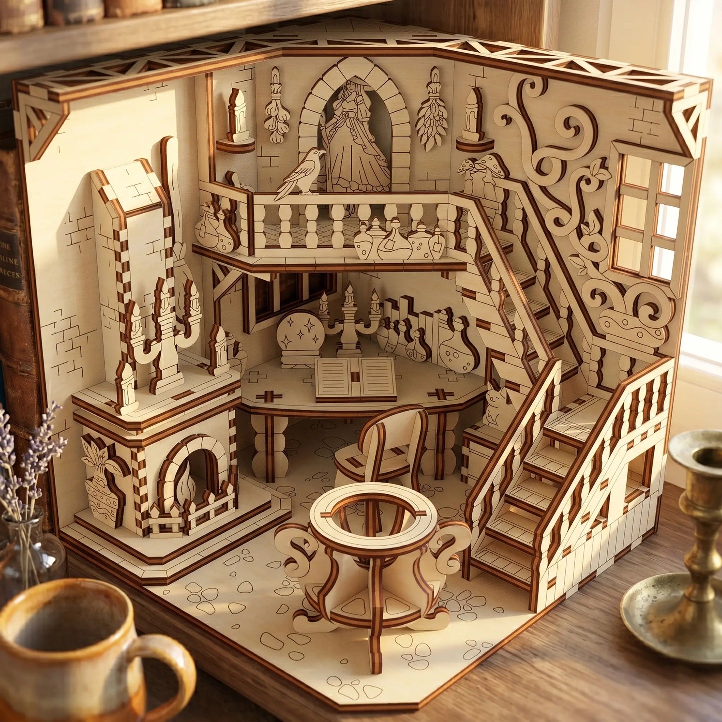 Wooden laser cut model of a miniature witch house with detailed architecture on a wooden surface.