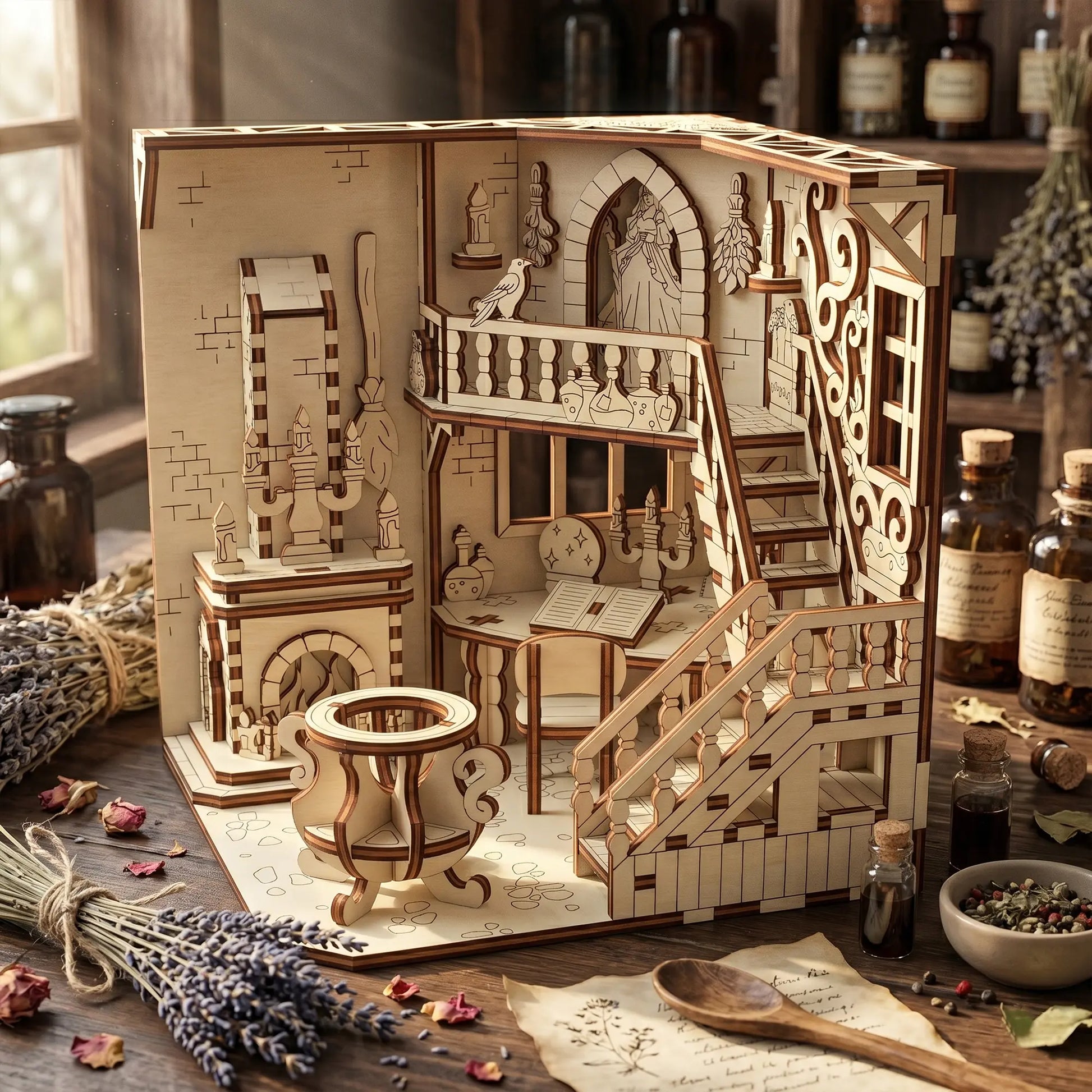 Witch house book nook laser cut model of a miniature room with intricate details on a rustic table.