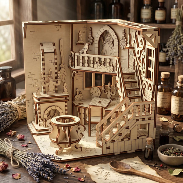 Witch house book nook laser cut model of a miniature room with intricate details on a rustic table.