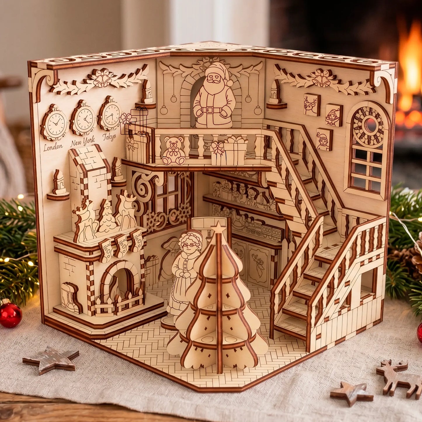 Cozy laser cut plywood Christmas book nook styled on a shelf with faux snow, reindeer figurines, and fairy lights.